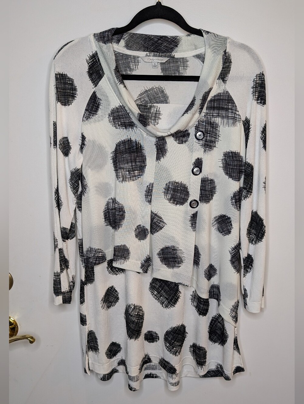 John Mark Black & White Scribble Dot Cowl Neck Tunic Size Small